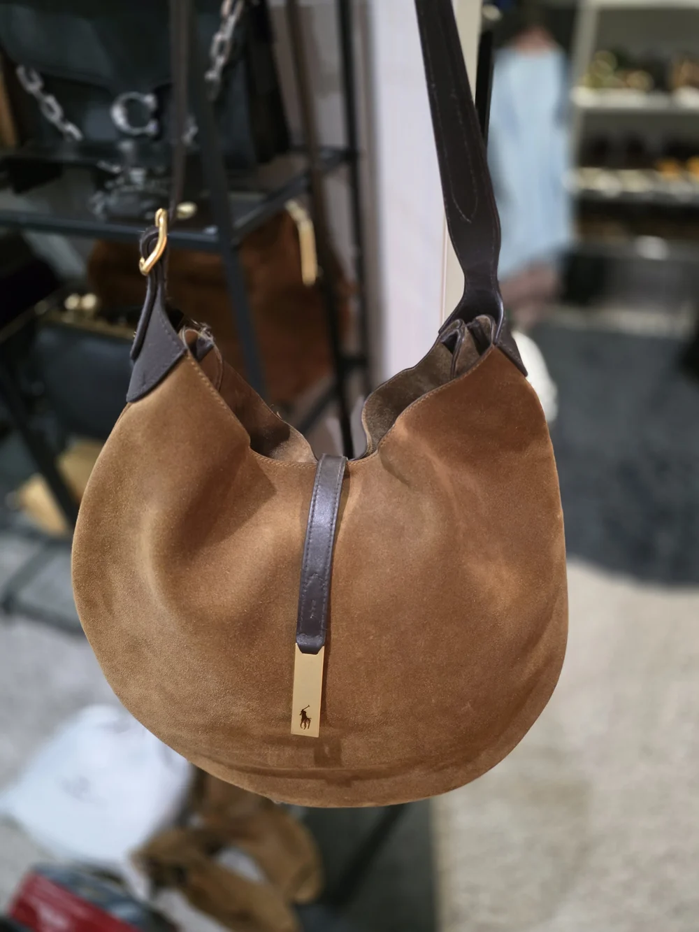 NWT Ralph Lauren Polo Large ID Brown Suede Shoulder Bag with Gold Accent